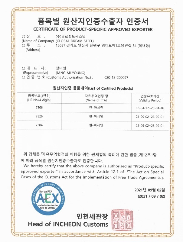 Certificate of Product-Specific Approved Exporter 